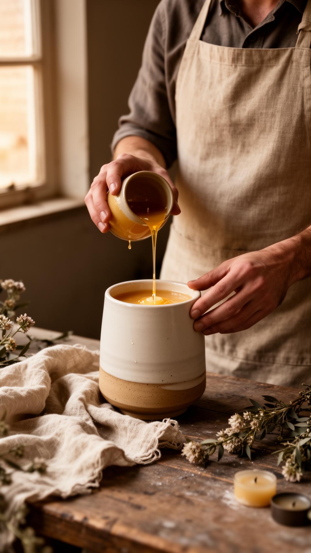 Hands pouring warm wax into a ceramic vessel